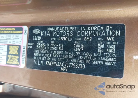 2020 Kia Sportage Ex z USA, uszkodzony, nr VIN KNDPN3AC7L7793710